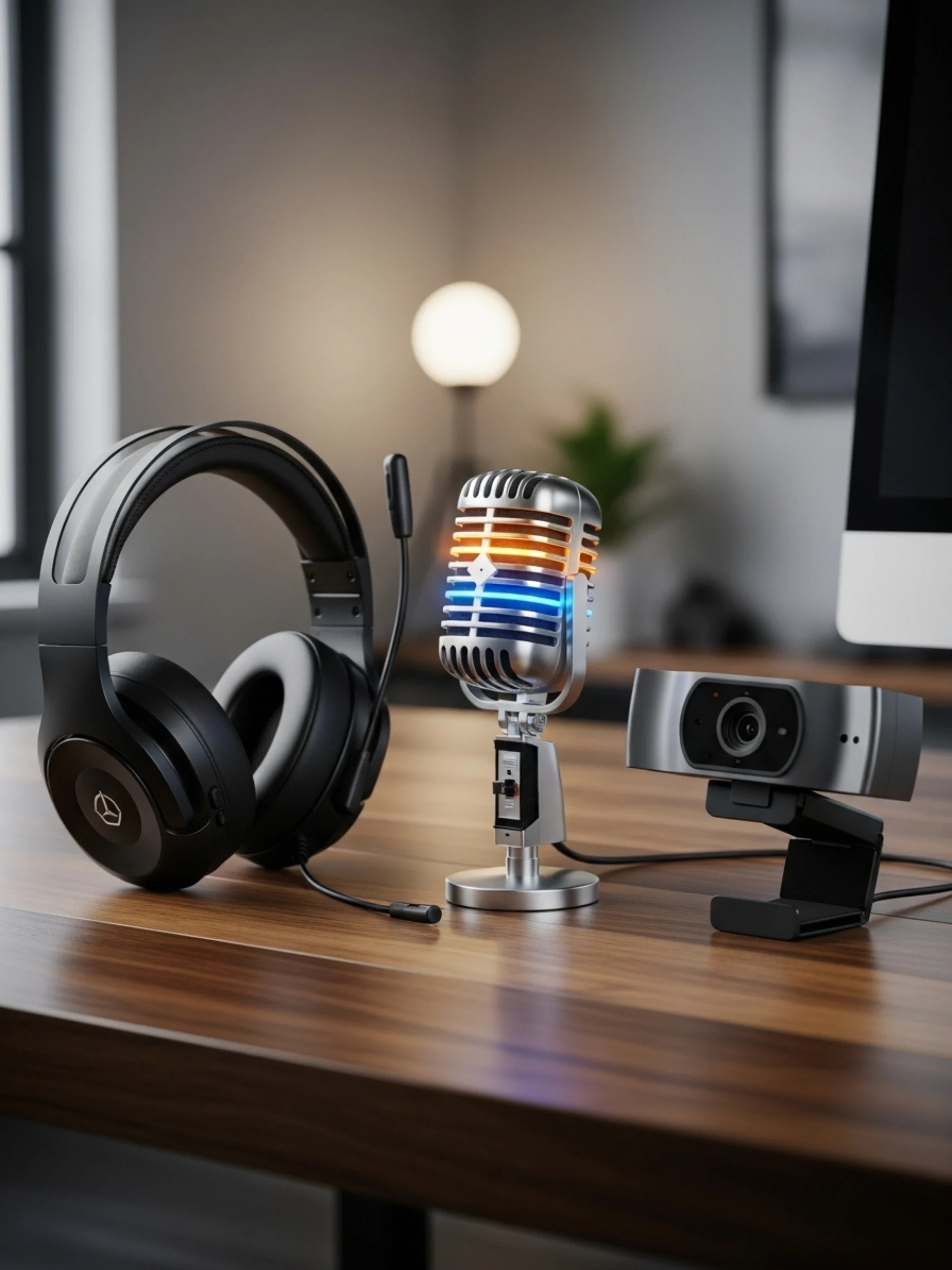 Noise-canceling headphones, webcam, and microphone arranged on a modern office desk