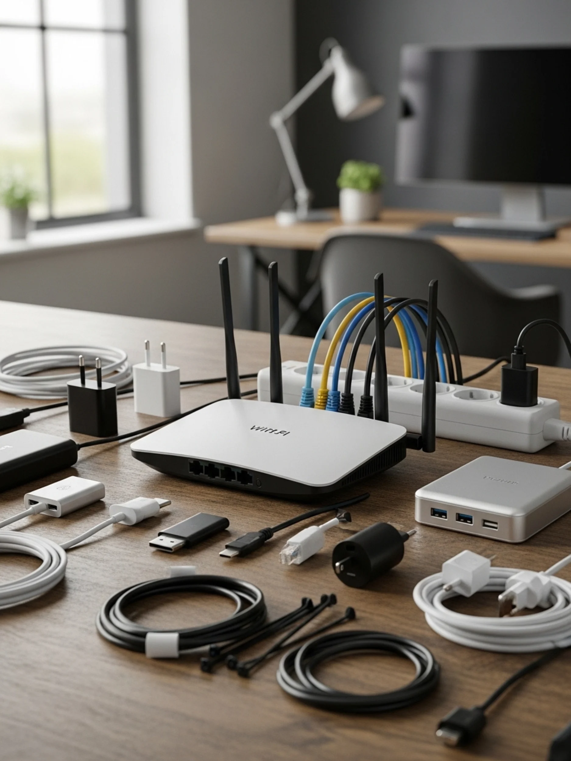 Wi-Fi router and power accessories arranged neatly on a home office desk