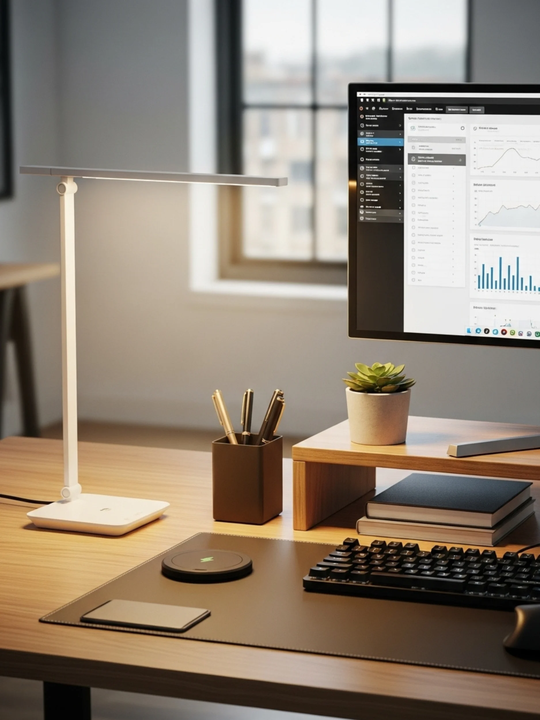 Modern desk lamp and office accessories on a clean, organized workspace