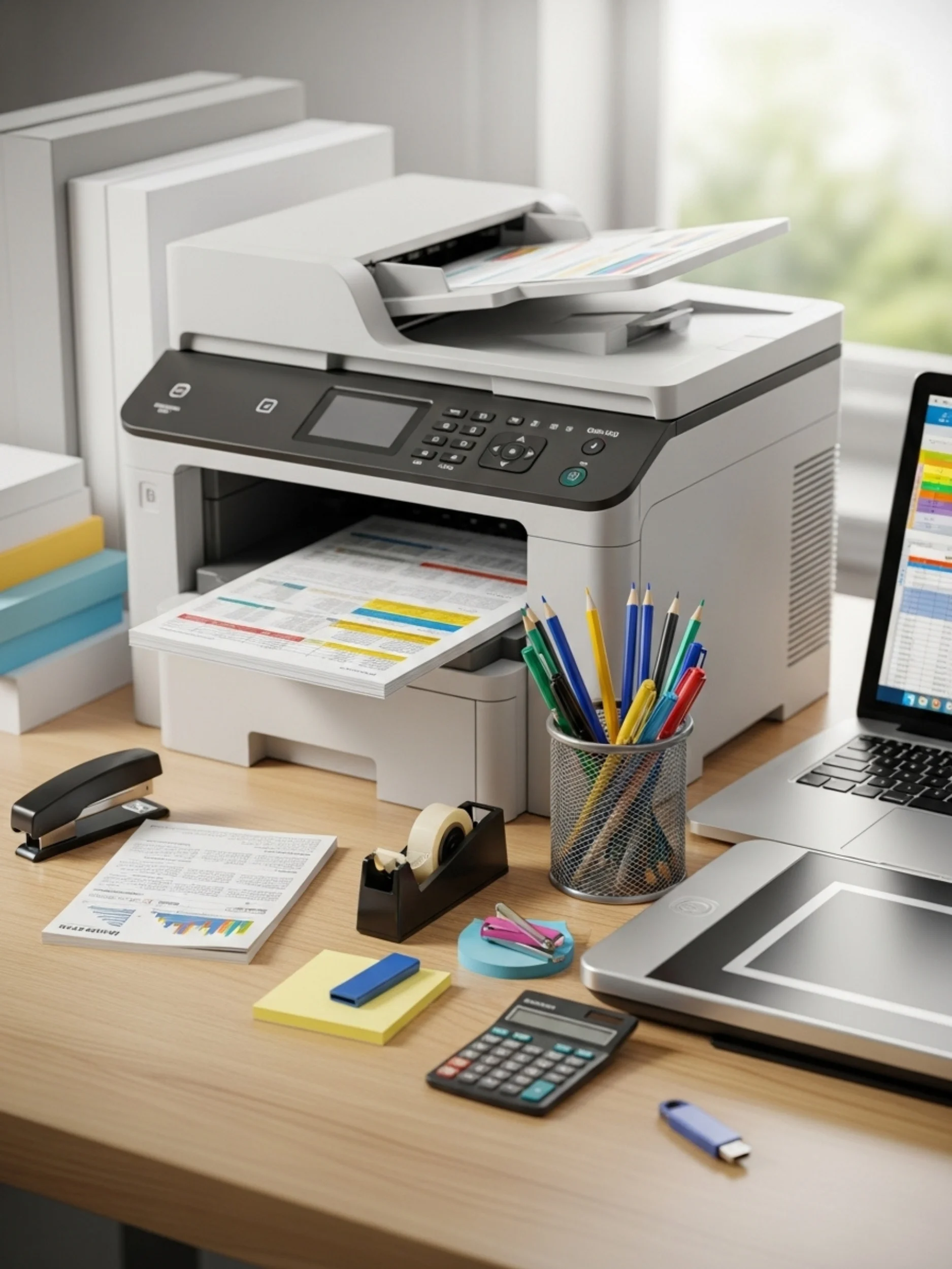 Compact home office printer and scanner on a simple, modern desk setup