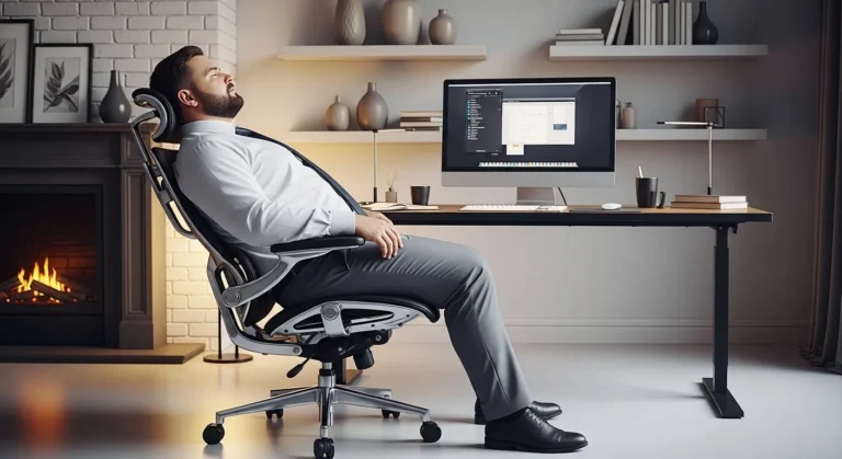 Professional man relaxing in best ergonomic office chair with full recline feature at modern home office desk with computer monitor