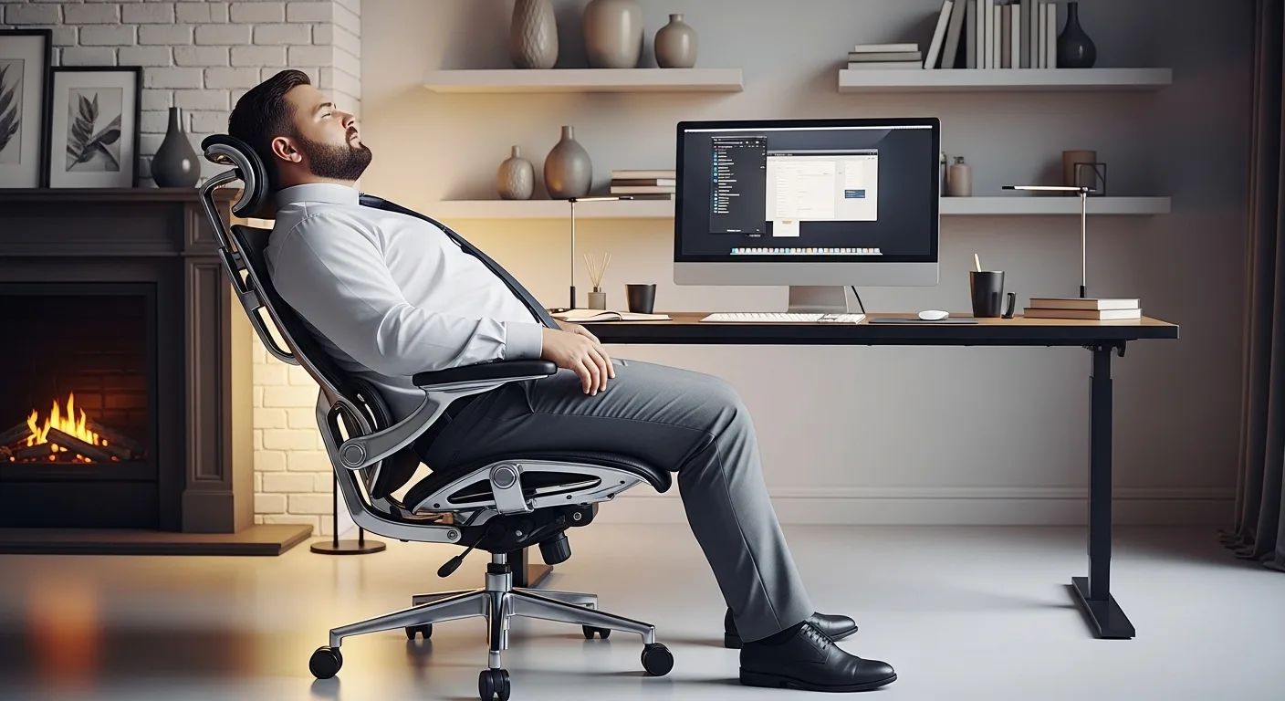 Professional man relaxing in best ergonomic office chair with full recline feature at modern home office desk with computer monitor