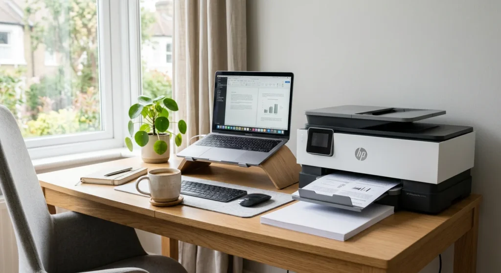 Home office desk with a laptop on a stand, wireless keyboard and mouse, coffee mug, potted plant by the window, and an best printer for home printing a document.