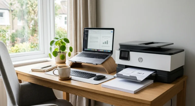 Home office desk with a laptop on a stand, wireless keyboard and mouse, coffee mug, potted plant by the window, and an best printer for home printing a document.