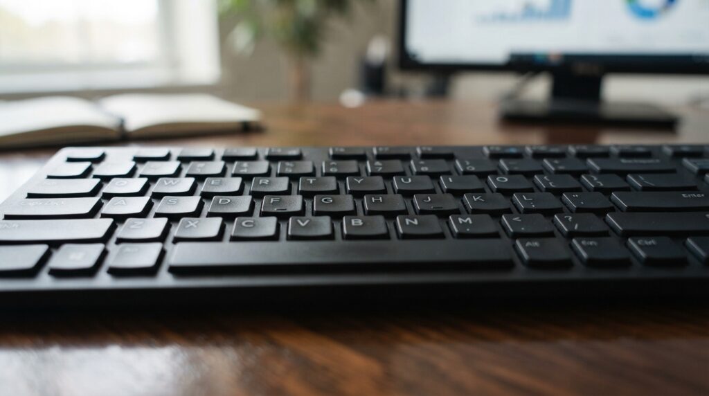A close-up view of a standard office keyboard, showcasing character keys arranged in neat rows beneath number symbols. The focus is on the keyboard's layout, highlighting the clear, legible letters and numbers. The foreground includes a polished, reflective surface, giving a glossy appearance to the keys, while the middle section features soft, diffused lighting that enhances the texture and contrast of the keys. The background is softly blurred, suggesting an office environment with subtle hints of a desk or computer monitor. The overall atmosphere is clean, organized, and professional, evoking a sense of efficiency and productivity ideal for office work.