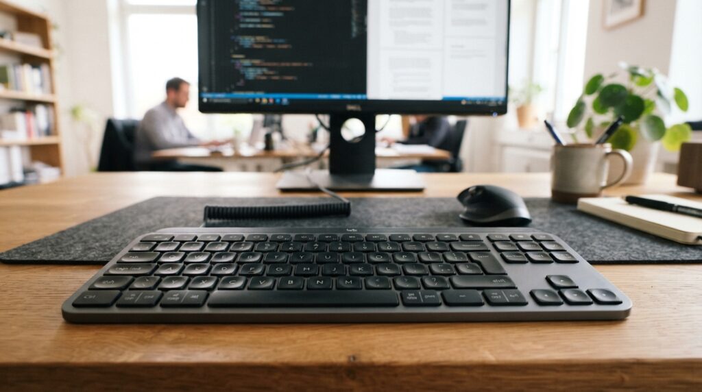 A detailed view of a standard keyboard layout, showcasing a function row situated above the letter keys. The keyboard should feature sleek, tactile keys with a matte finish, emphasizing a professional and modern design suitable for office use. The foreground displays the keyboard in sharp focus, centered on a desk with subtle textures. In the middle ground, a softly blurred office setting is visible, with a hint of a neatly organized workspace that includes a monitor and stationery items, enhancing the office atmosphere. Soft, diffused lighting illuminates the scene, casting gentle shadows, suggesting an inviting and productive environment. The image conveys a sense of professionalism and efficiency, ideal for use in an article focused on selecting the best keyboard for office work.