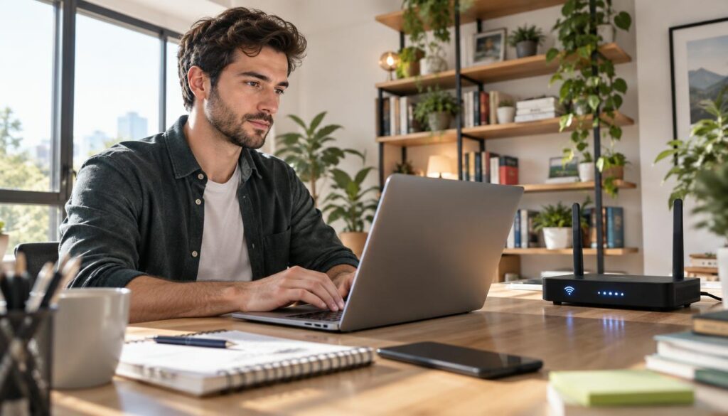 A focused worker in a modern home office, testing Wi-Fi connectivity with a laptop in front of a sleek router. In the foreground, the worker, dressed in smart casual attire, is seated at a stylish desk cluttered with office supplies and a notepad. The middle ground showcases the router emitting soft LED lights, emphasizing its functionality. In the background, a well-lit room features a bookshelf filled with books and plants, creating a warm, productive atmosphere. The scene is illuminated by natural light streaming through a large window, casting gentle shadows and enhancing the cozy feel of remote work. The angle is slightly tilted upward, capturing both the worker's concentration and the technology in action, reflecting an efficient remote work setup.