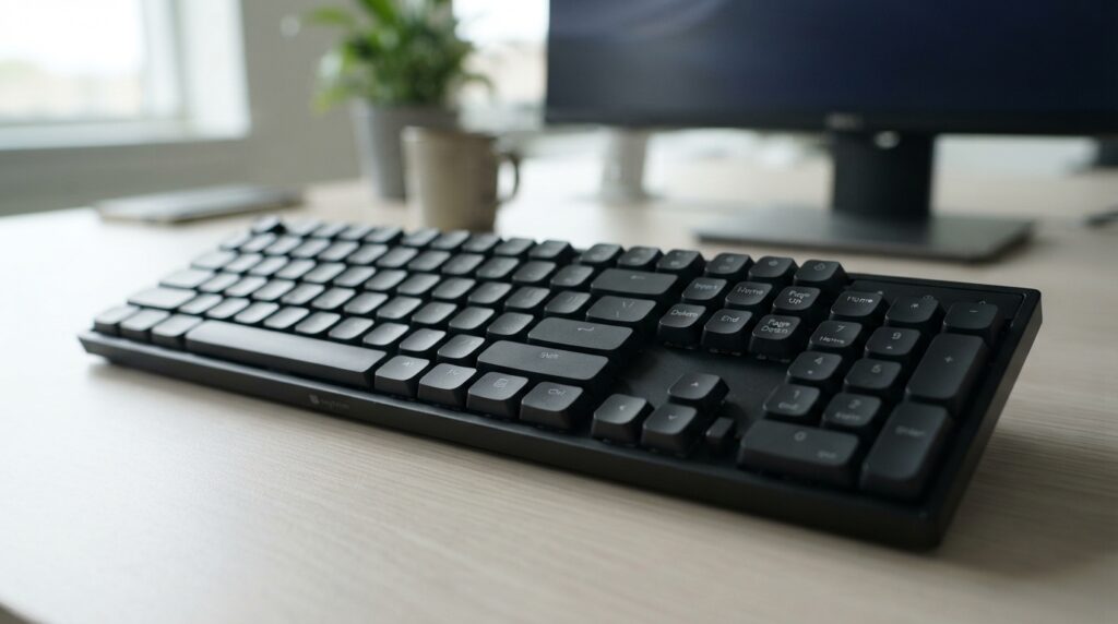 A full-size keyboard displayed prominently against a neutral background, showcasing a familiar office key arrangement. The keyboard features a sleek design with a matte finish, highlighting classic keys such as "Home," "End," and "Page Up" in standard layouts. The image captures the keyboard from a slightly elevated angle, emphasizing the tactile feel of the keys, with soft directional lighting that casts gentle shadows, creating depth. The setting is minimalist, evoking a calm and professional atmosphere suited for an office environment. The background is softly blurred to keep focus on the keyboard, conveying a sense of purpose and functionality, ideal for an office workspace. No text or distractions are present, ensuring a clean presentation.