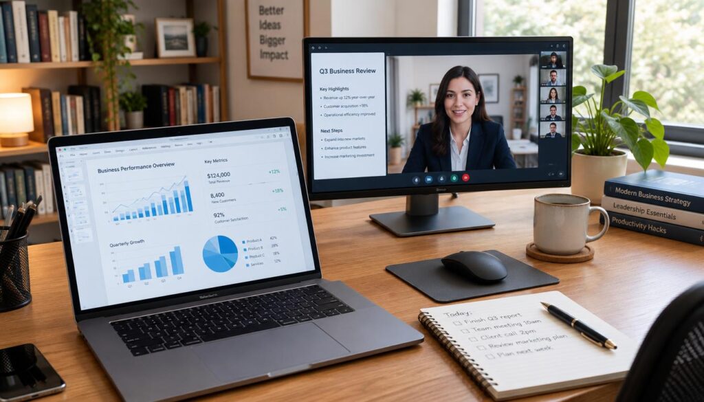 A modern home office setup featuring a sleek laptop and a large monitor on a wooden desk, both screens displaying detailed work documents during a video call. In the foreground, the laptop has an open document showcasing graphs and charts, while the monitor displays a video call interface with a professional participant in business attire. The background reveals a well-organized workspace with bookshelves, a potted plant, and soft natural light streaming through a window, creating a warm and inviting atmosphere. The scene is captured from a slightly elevated angle, emphasizing the technology and the calm work environment, while maintaining a focus on clarity and professionalism.