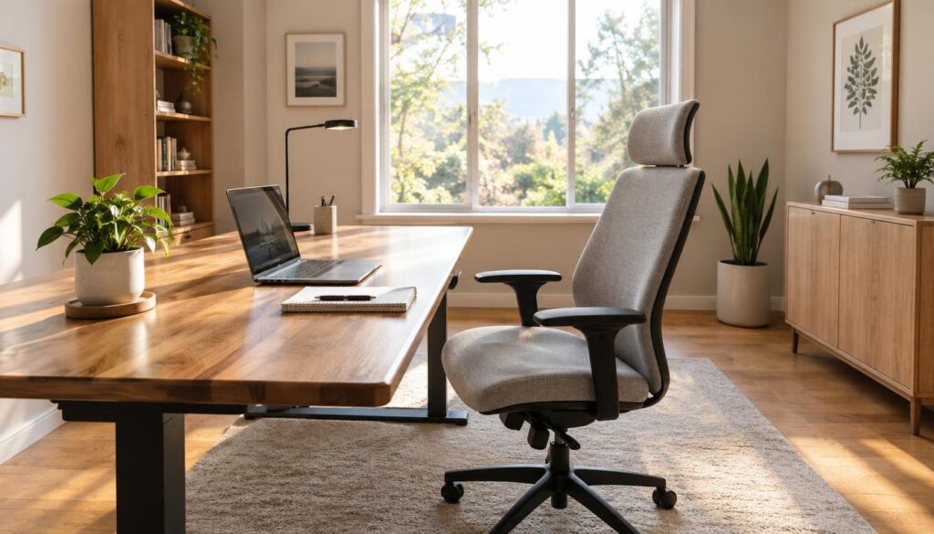 A modern home office setup featuring a stylish, ergonomic desk and chair designed for comfortable posture. In the foreground, a sleek wooden desk with a slight sheen holds a laptop, a notepad, and a potted plant for a touch of greenery. The chair is a supportive, high-back design, upholstered in a soft fabric, positioned at the optimal height for screen viewing. In the middle ground, the room is adorned with warm, natural light streaming through a large window, illuminating the workspace and creating a cozy atmosphere. The background features neutral-colored walls and minimalistic decor, enhancing the calm mood. Focus on a wide-angle perspective to capture the entire scene, emphasizing both comfort and functionality, suitable for productive remote work.