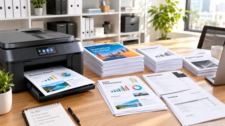 Modern office printer producing colorful business reports beside neatly organized printed documents on a wooden desk.